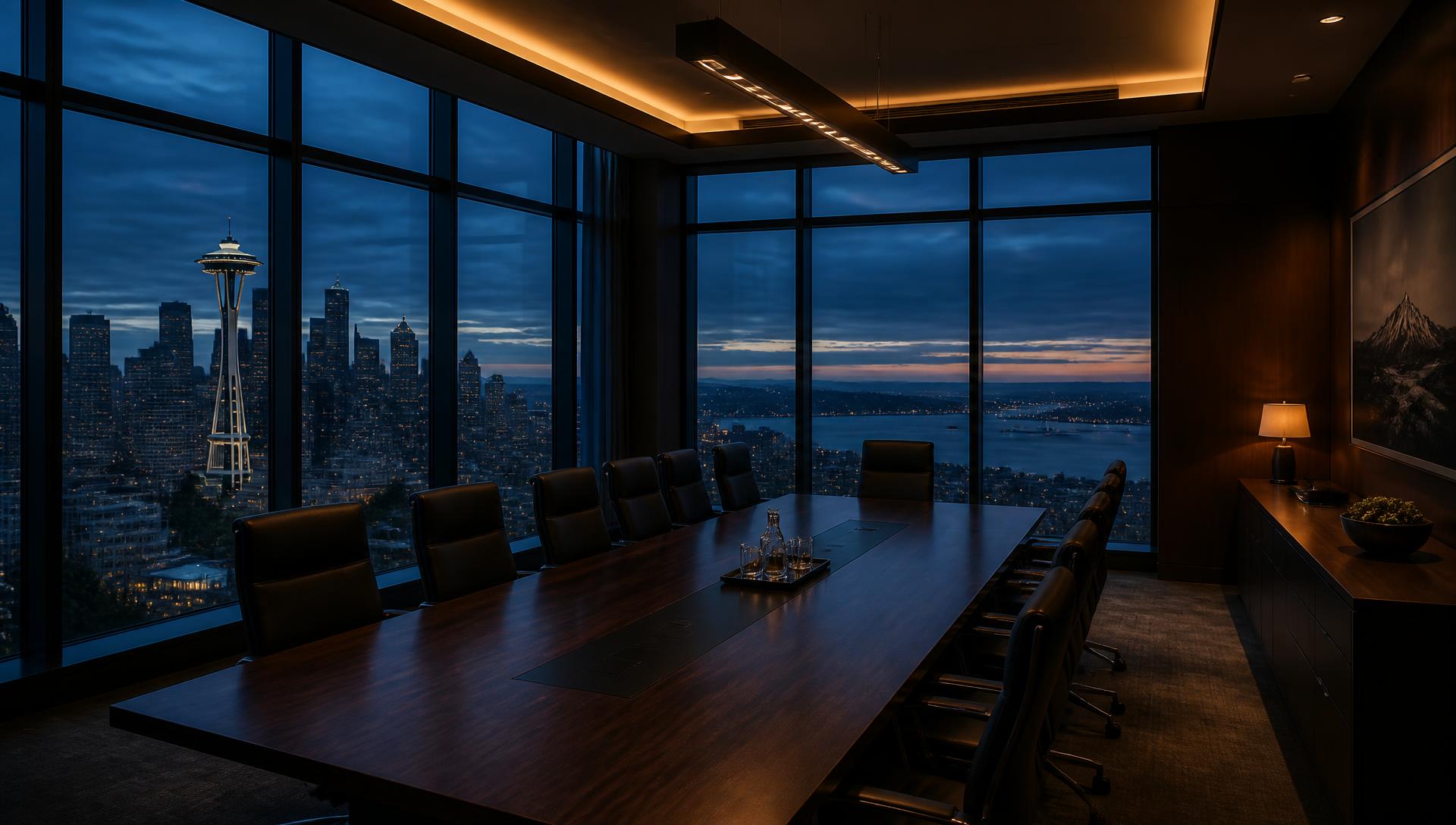 Executive boardroom overlooking the Seattle skyline at dusk